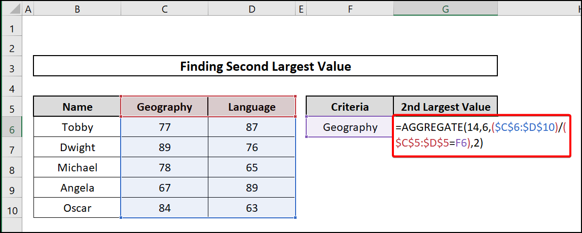 Agregate function to find second largest value with criteria 