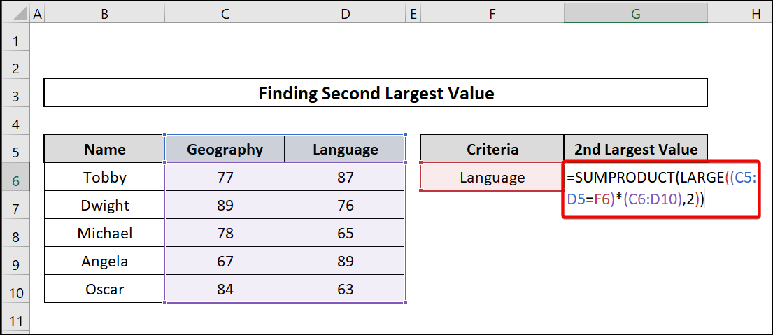 Sumproduct function to find second largest value with criteria 