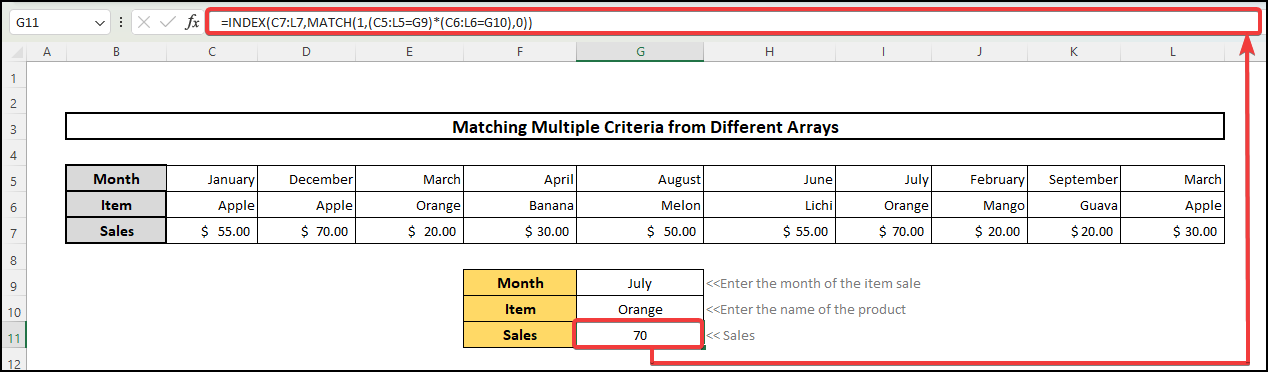 excel match multiple criteria from different horizontal array