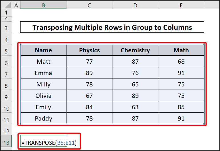 Transpose funtion-Excel transpose multiple rows in group to columns