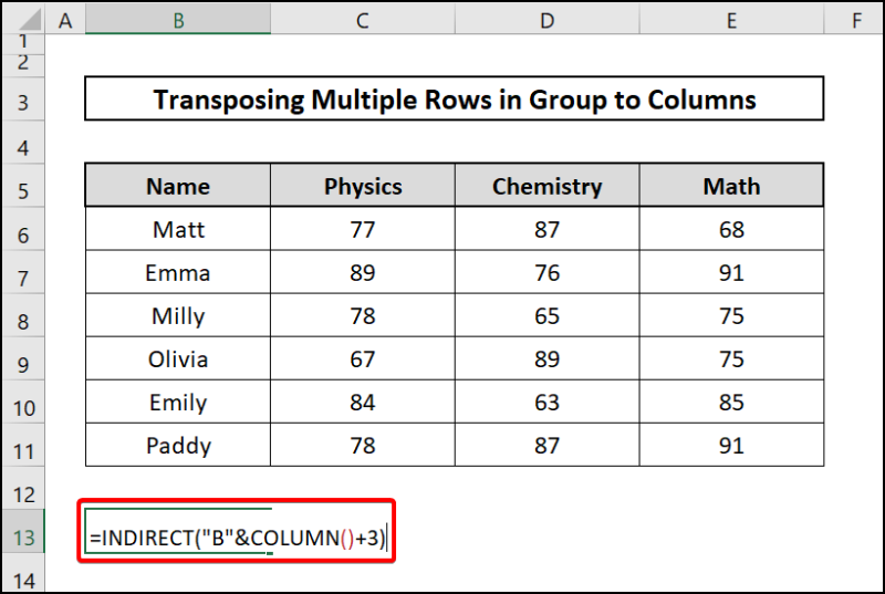 Indirect function-Excel transpose multiple rows in group to columns