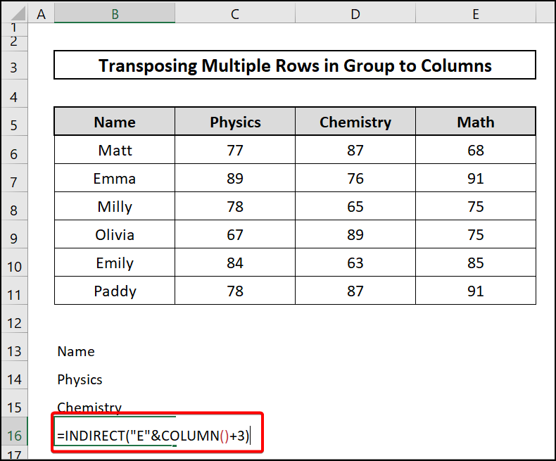 Indirect function-Excel transpose multiple rows in group to columns