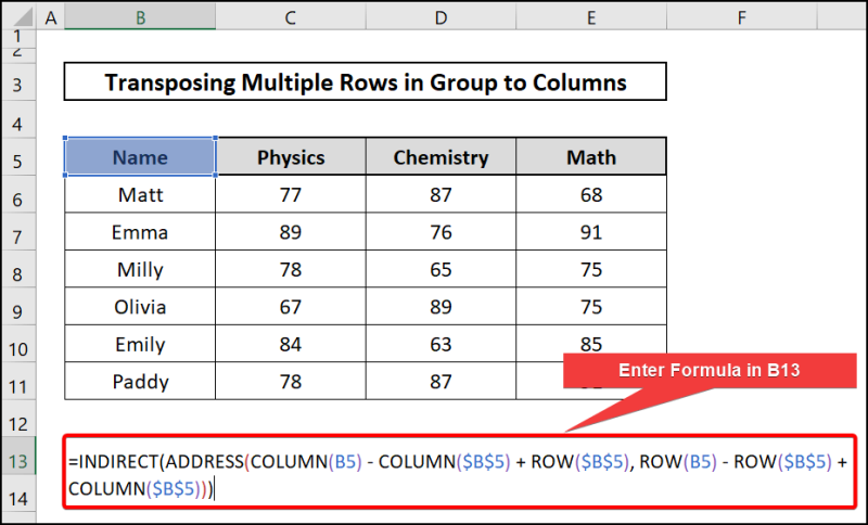 Indirect & Address-Excel transpose multiple rows in group to columns