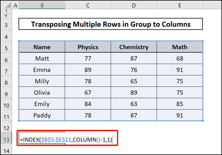 Index function-Excel transpose multiple rows in group to columns