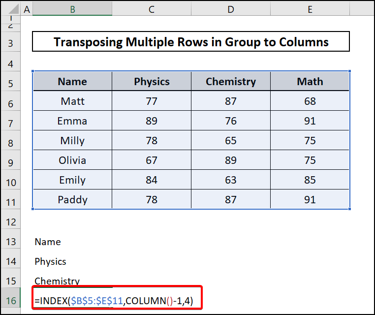Index function-Excel transpose multiple rows in group to columns