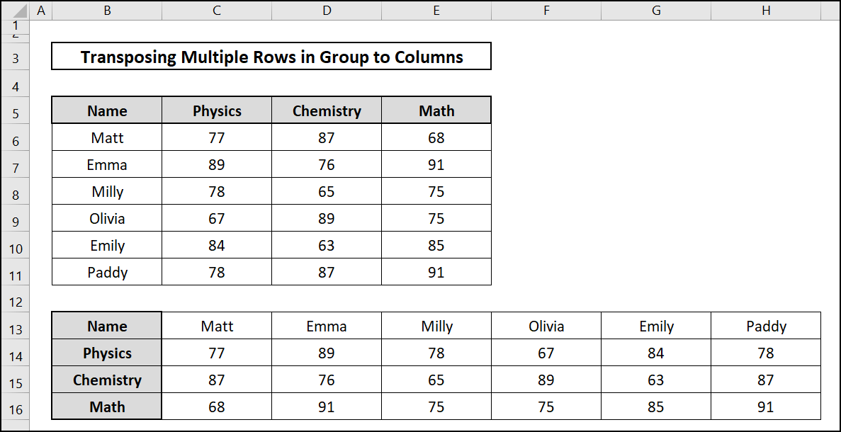 After formating-Excel transpose multiple rows in group to columns