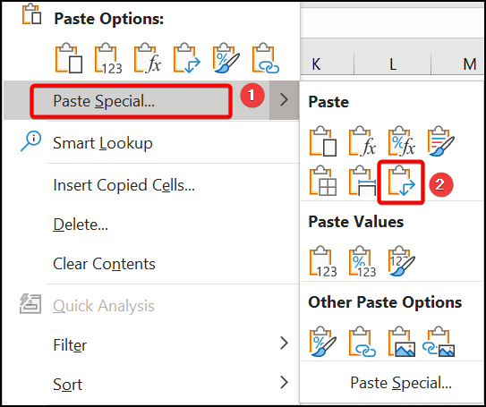 Context menu-Excel transpose multiple rows in group to columns