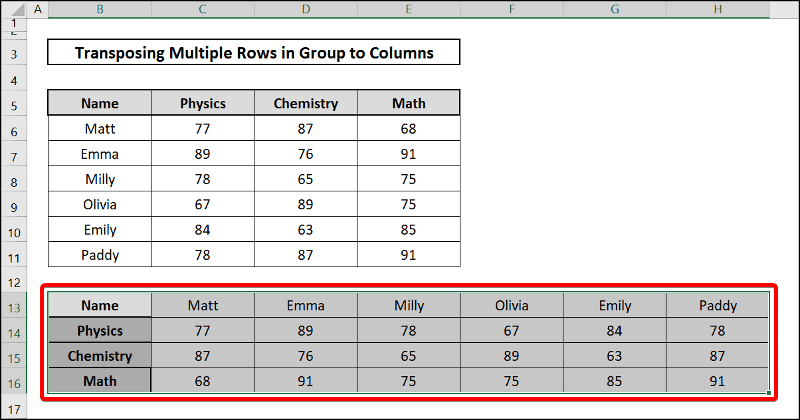 Transposed table-Excel transpose multiple rows in group to columns