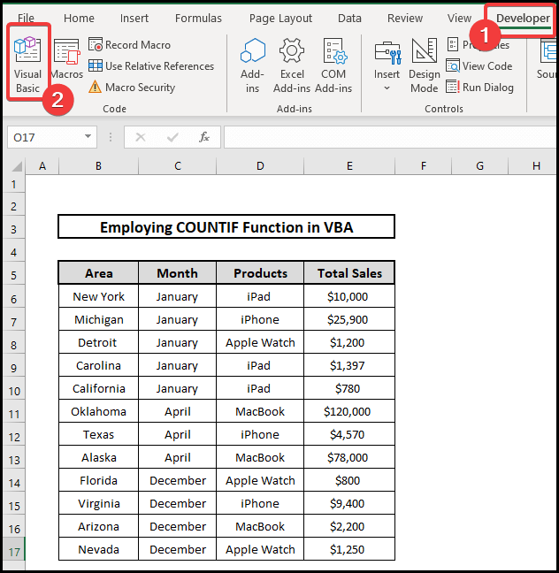 Using COUNTIF VBA to count One Column If Another Column Meets the Criteria in Excel