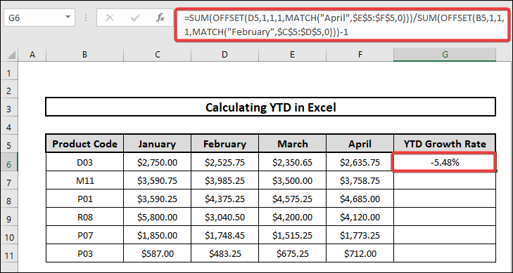how to calculate ytd in excel executing sum, offset, match functions