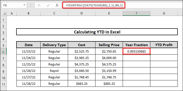 how to calculate ytd in excel implementing yearfrac, sumifs functions