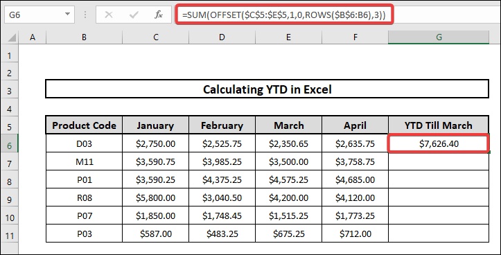 how to calculate ytd in excel applying sum, offset, rows functions