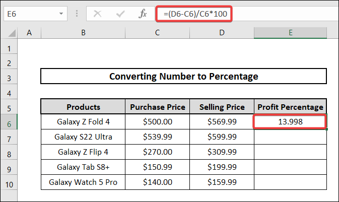 utilizing format cells option to convert number to percentage 