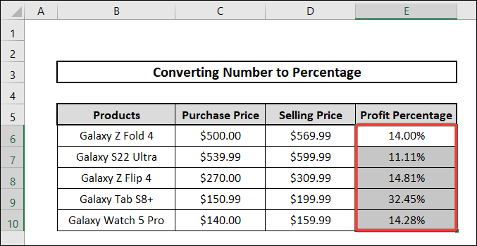 using format cells option to convert number to percentage 
