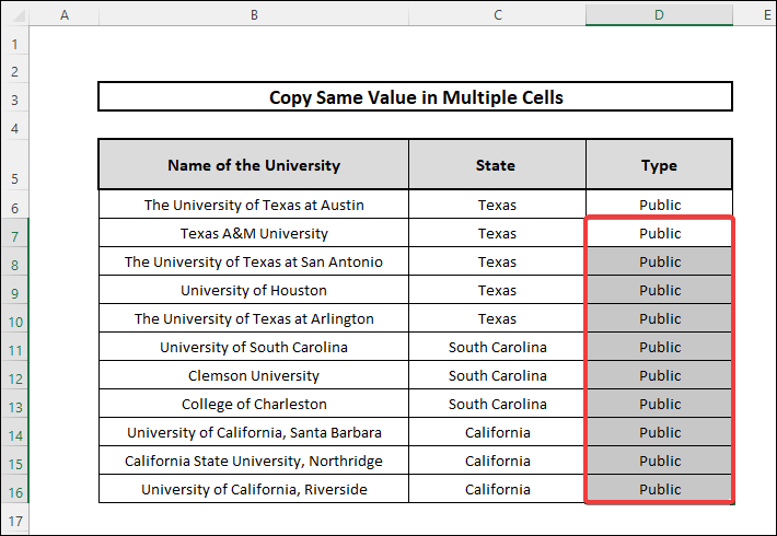 how to copy same value in multiple cells in excel by employing VBA Code