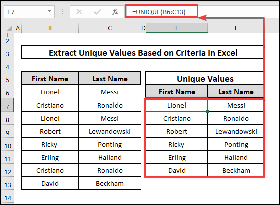 Use of basic UNIQUE function to extract unique values based on criteria in multiple columns.