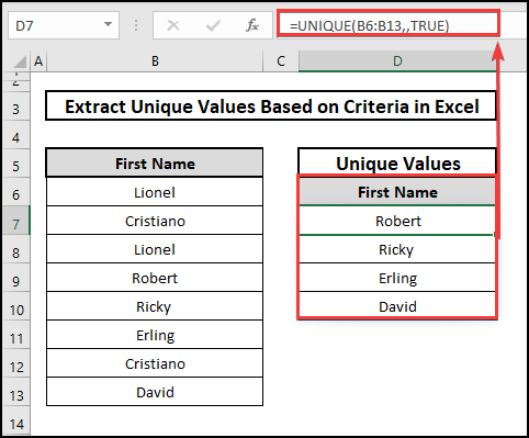 Use of UNIQUE function to extract unique values based on criteria.