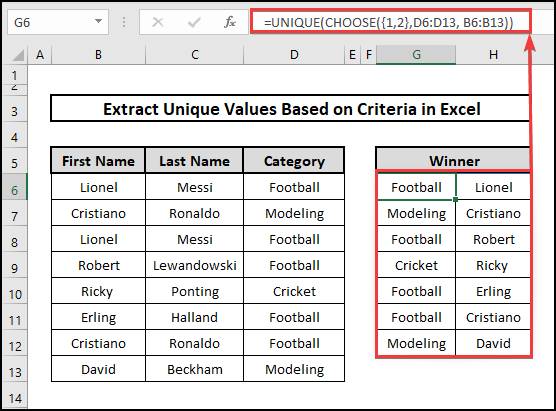 UNIQUE and CHOOSE functions to extract unique values