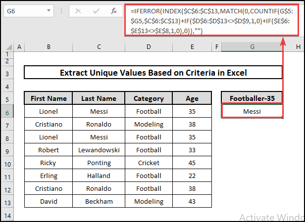 Use of an array to extract unique values based on multiple criteria.