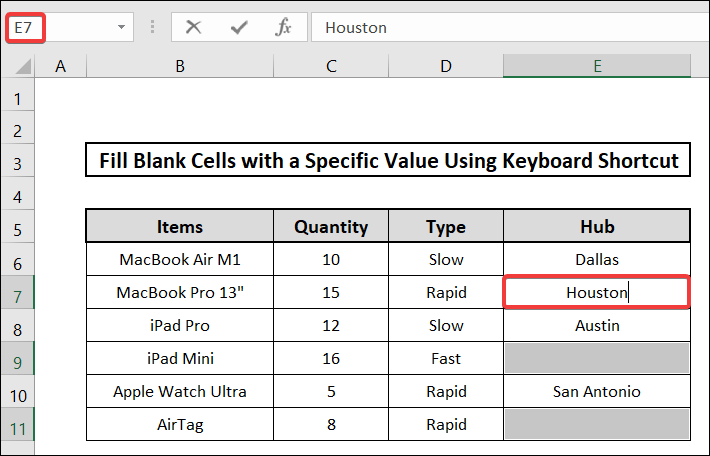 utilizing keyboard shortcut to fill blank cells in excel with a specific value