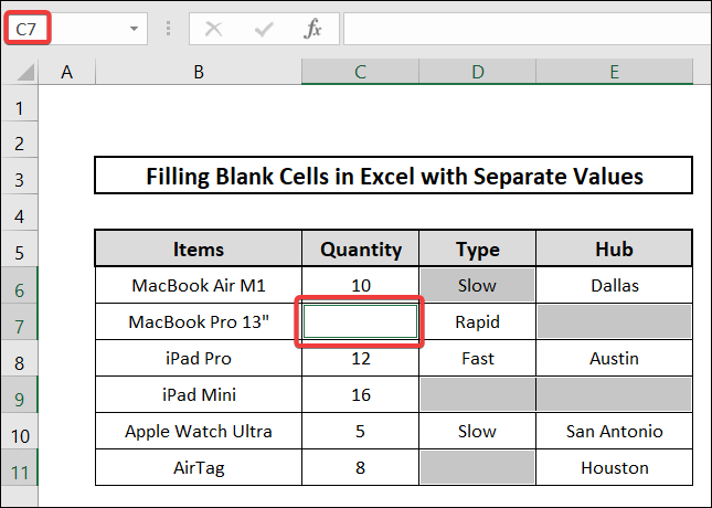 how to fill blank cells in excel with separate values