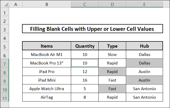 how to fill blank cells in excel with upper or lower cell values