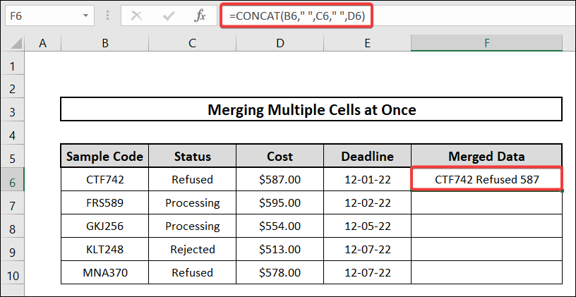 how to merge multiple cells at once executing the concat function in excel