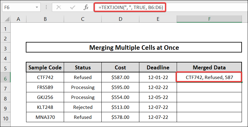how to merge multiple cells at once applying thee textjoin function in excel