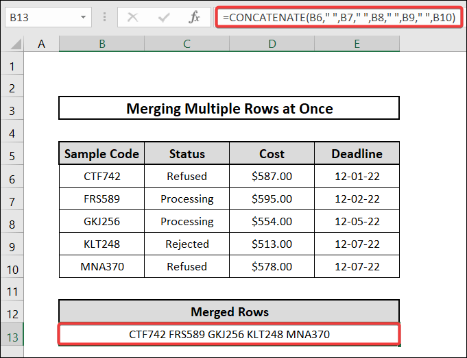 how to merge multiple rows in excel using the concatenate function