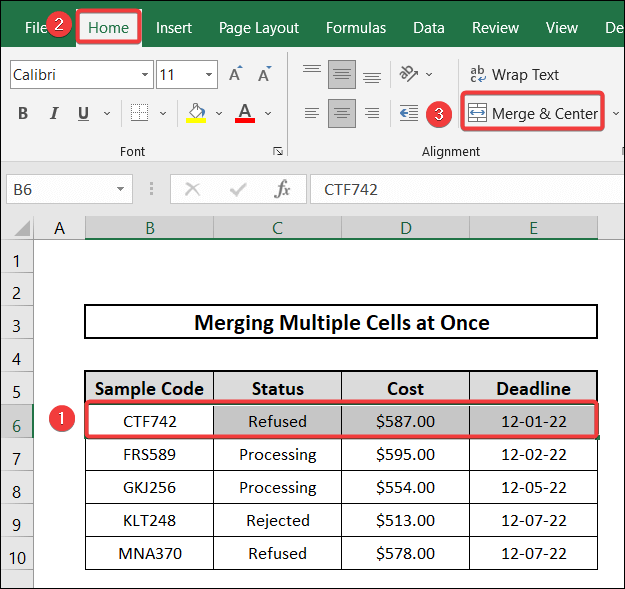 how to merge multiple cells at once using merge & center in excel