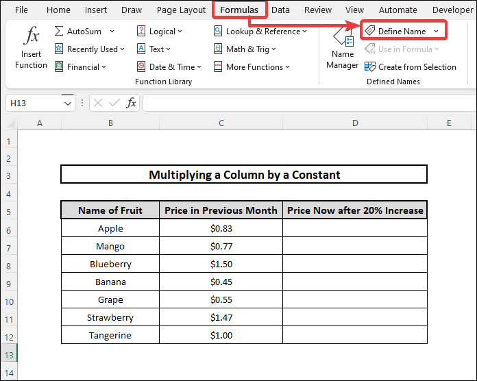 multiply a column in excel by a constant using constant defined under Names