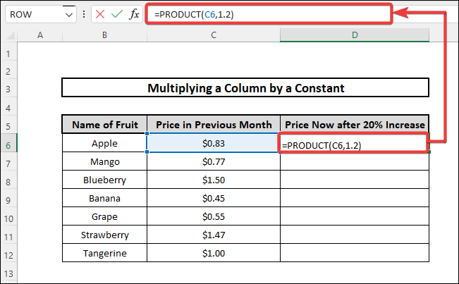 multiply a column in excel by a constant using PRODUCT Function