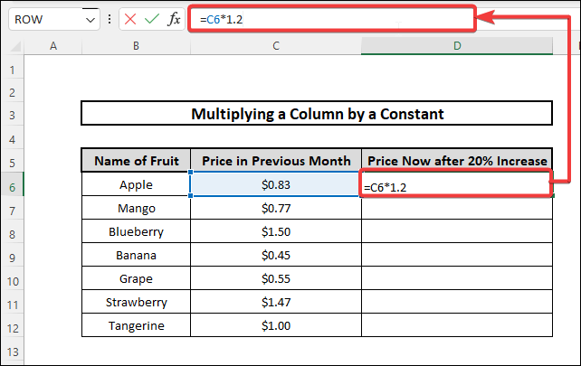 multiply a column in excel by a constant by inseriting formula in formula bar