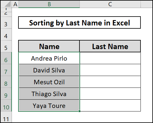 Selection of cells to sort by last name in excel
