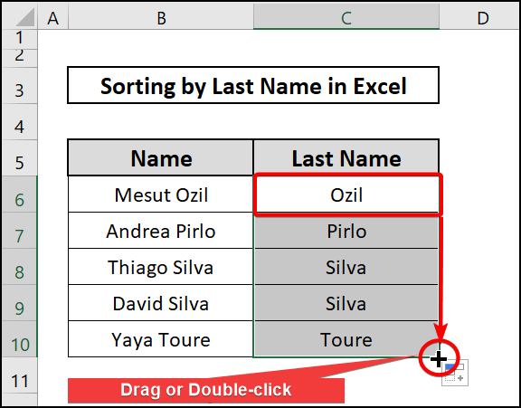 Copy and paste formula to sort by last name in excel