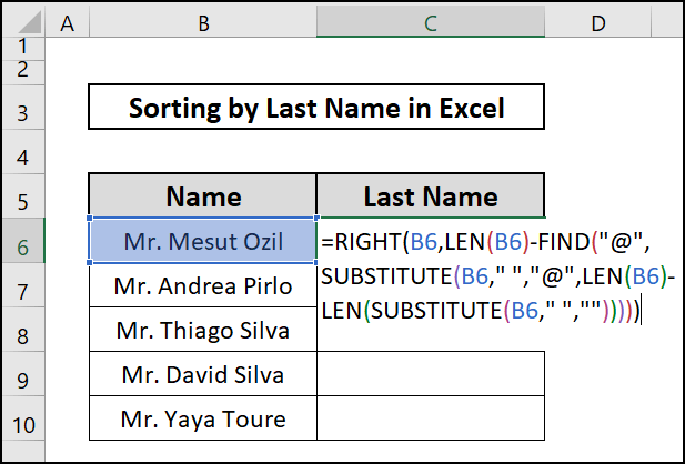 Insert formula to sort by last name in excel