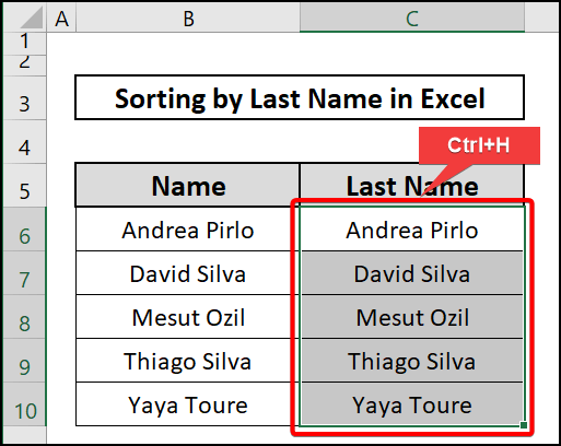 Using find & replace to sort by last name in excel