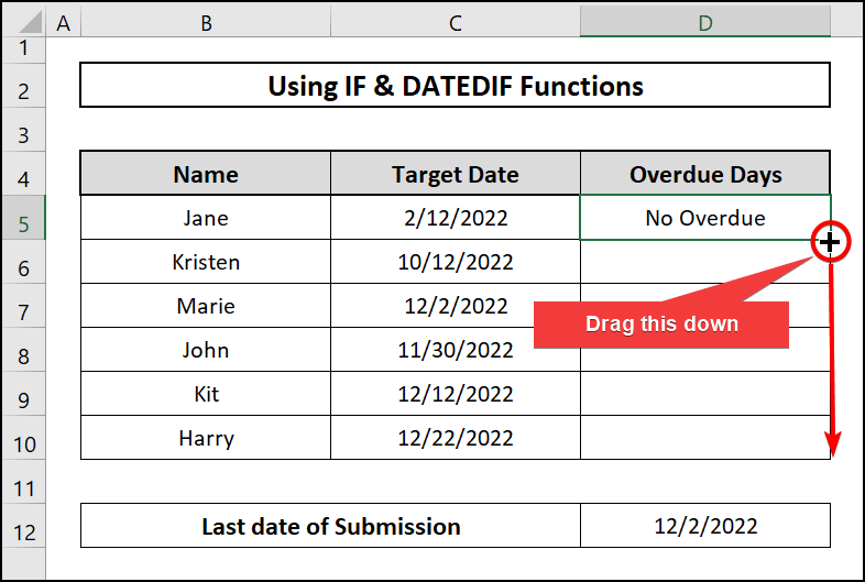Fill Handle-Calculate overdue days in excel