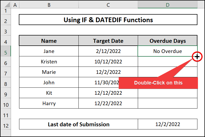 Double Click-Calculate overdue days in excel