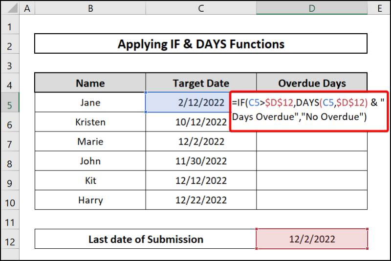 If & DAYS functions-calculate overdue days in excel