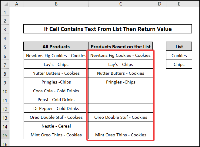 if cell contains text from list then return value Results