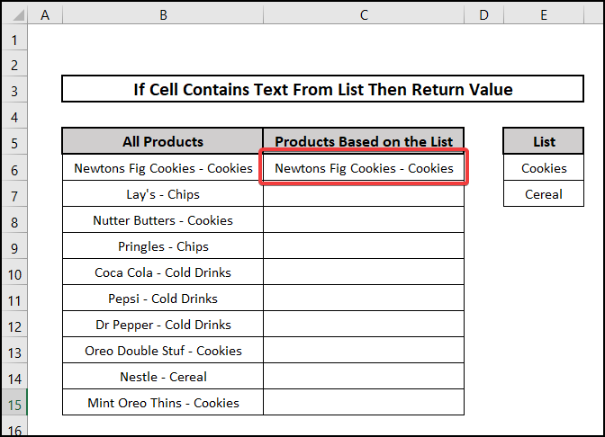 if cell contains text from list then return value EXCEL