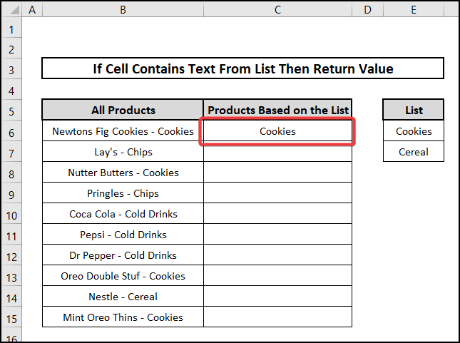 EXCEL if cell contains text from list then return value