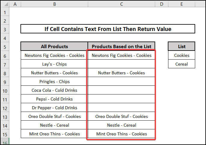 if cell contains text from list then return value Excel results search function 