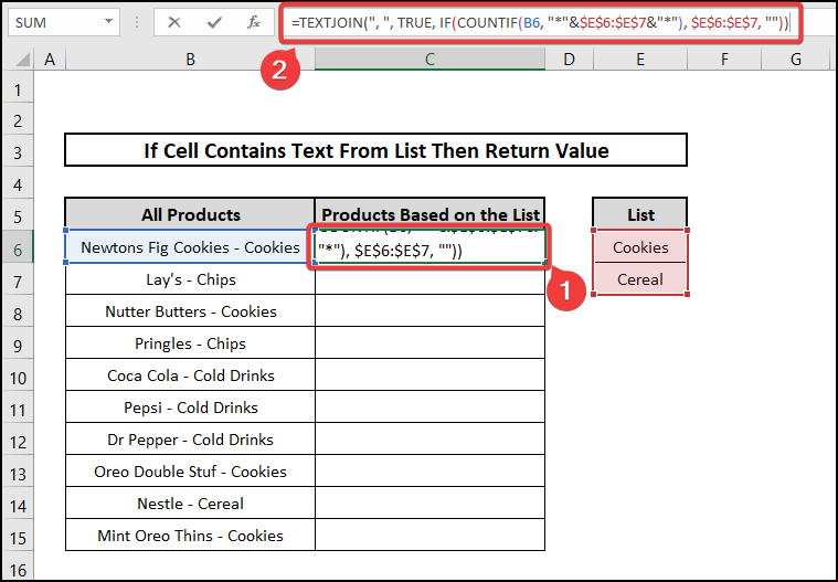 if cell contains text from list then return value TEXTJOIN Excel