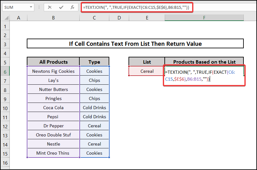if cell contains text from list then return value using textjoin TRUE EXACT EXCEL