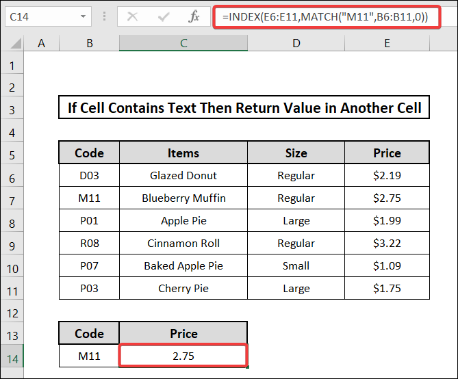 if cell contains text then return value in another cell applying INDEX and MATCH functions