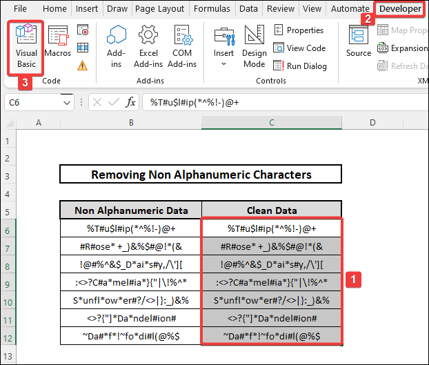 Remove non alphanumeric characters in excel by inserting VBA code 2