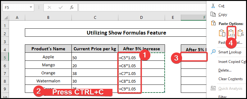 Utilizing Show Formula Feature to copy a formula in excel with changing cell references 