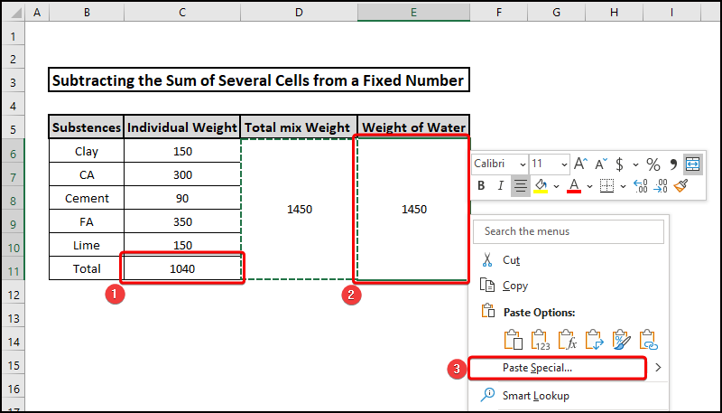 how to subtract sum of several cells from fixed number using paste special tool